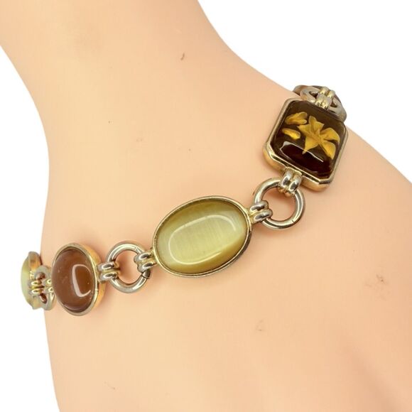 Vintage Brown & Gold Pressed Flower Chain link Bracelet 7.25" Cottagecore Boho - Picture 2 of 11